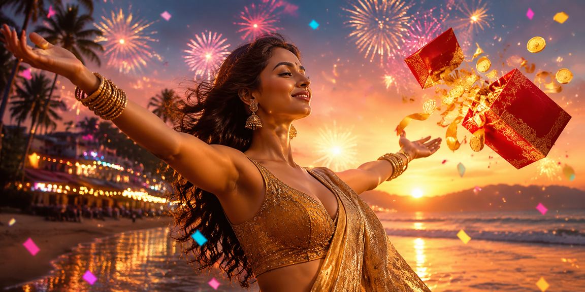 Scenic Goa beach with promotional bonus envelopes for gaming